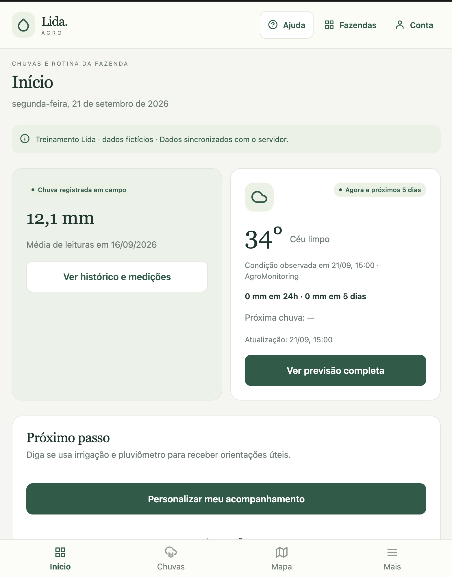 Tela inicial real do aplicativo Lida com chuva, previsão e próximo passo
